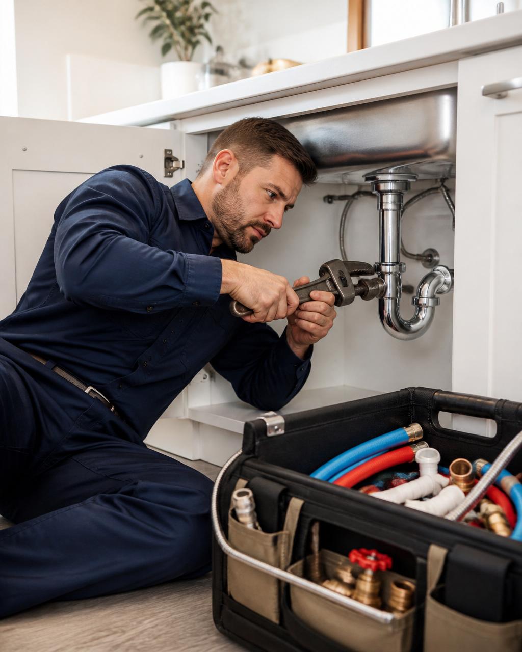Licensed Mainline plumber repairing an under-sink P-trap
