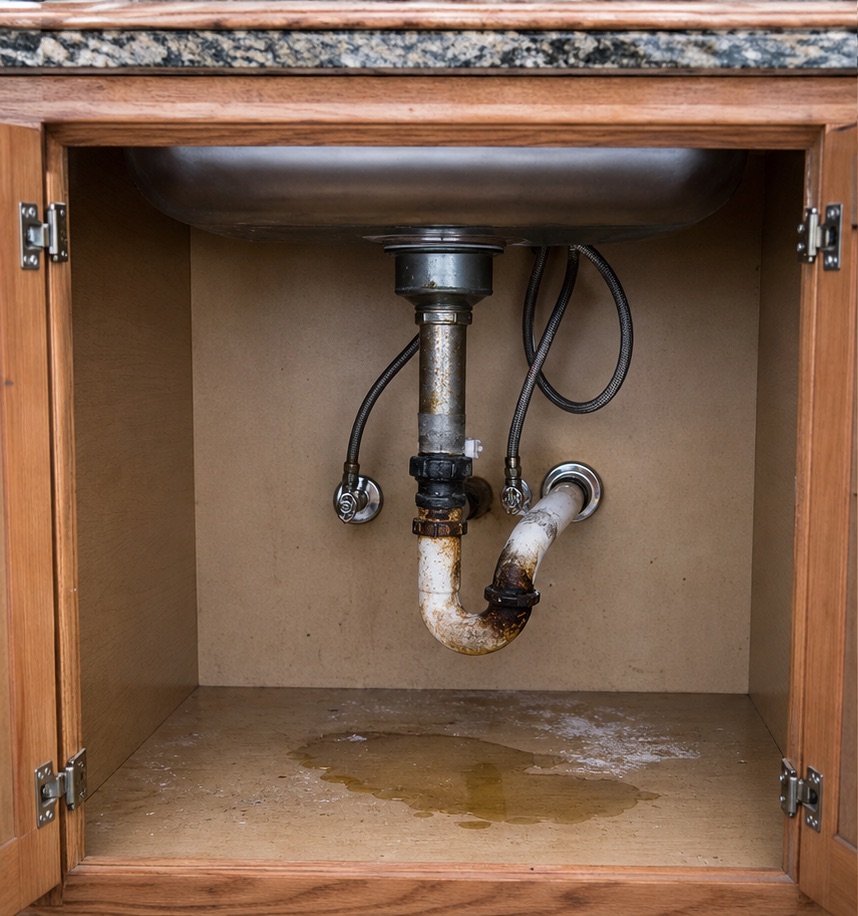 Before — Leaking under-sink drain → clean new P-trap