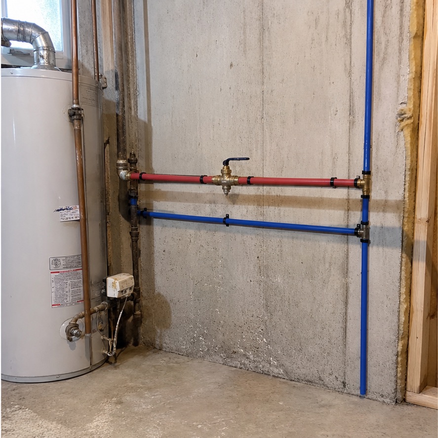 After — Corroded main line → clean PEX repipe