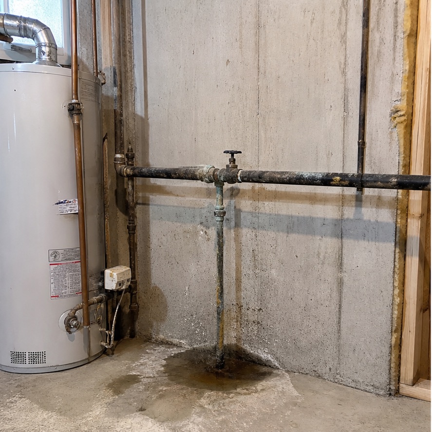 Before — Corroded main line → clean PEX repipe
