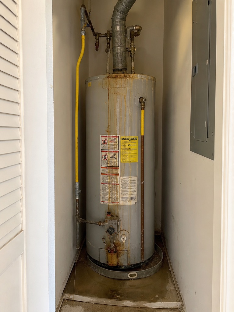 Before — Failing tank water heater → tankless system